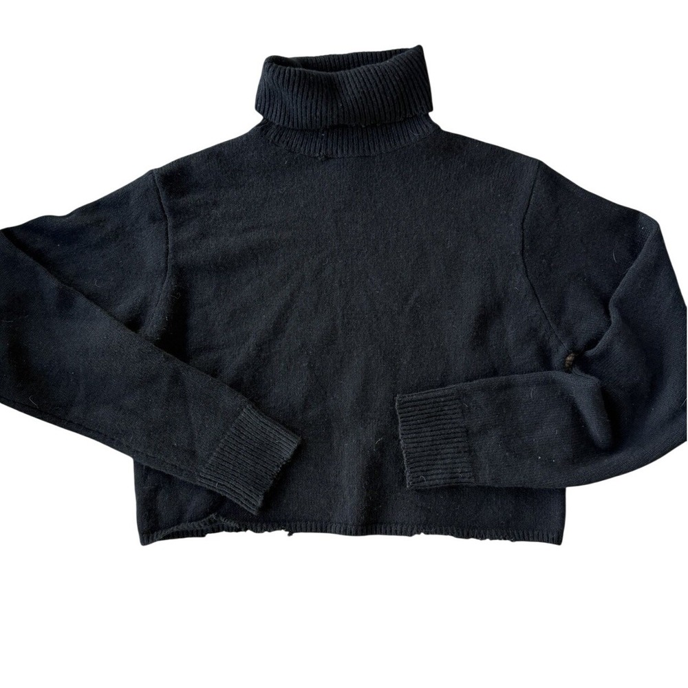 R+A Women's Cashmere Black Cropped Turtleneck Sweater Size XS